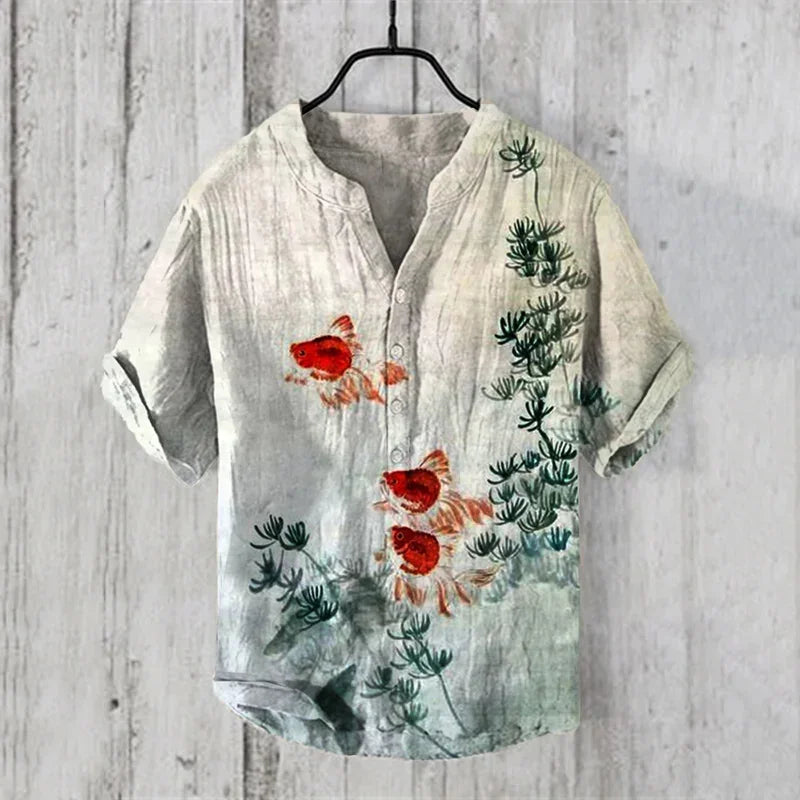 Hot sale Henry shirt 2025 summer men's casual short-sleeved T-shirt floral print top linen blend comfortable fabric XS-6XL size