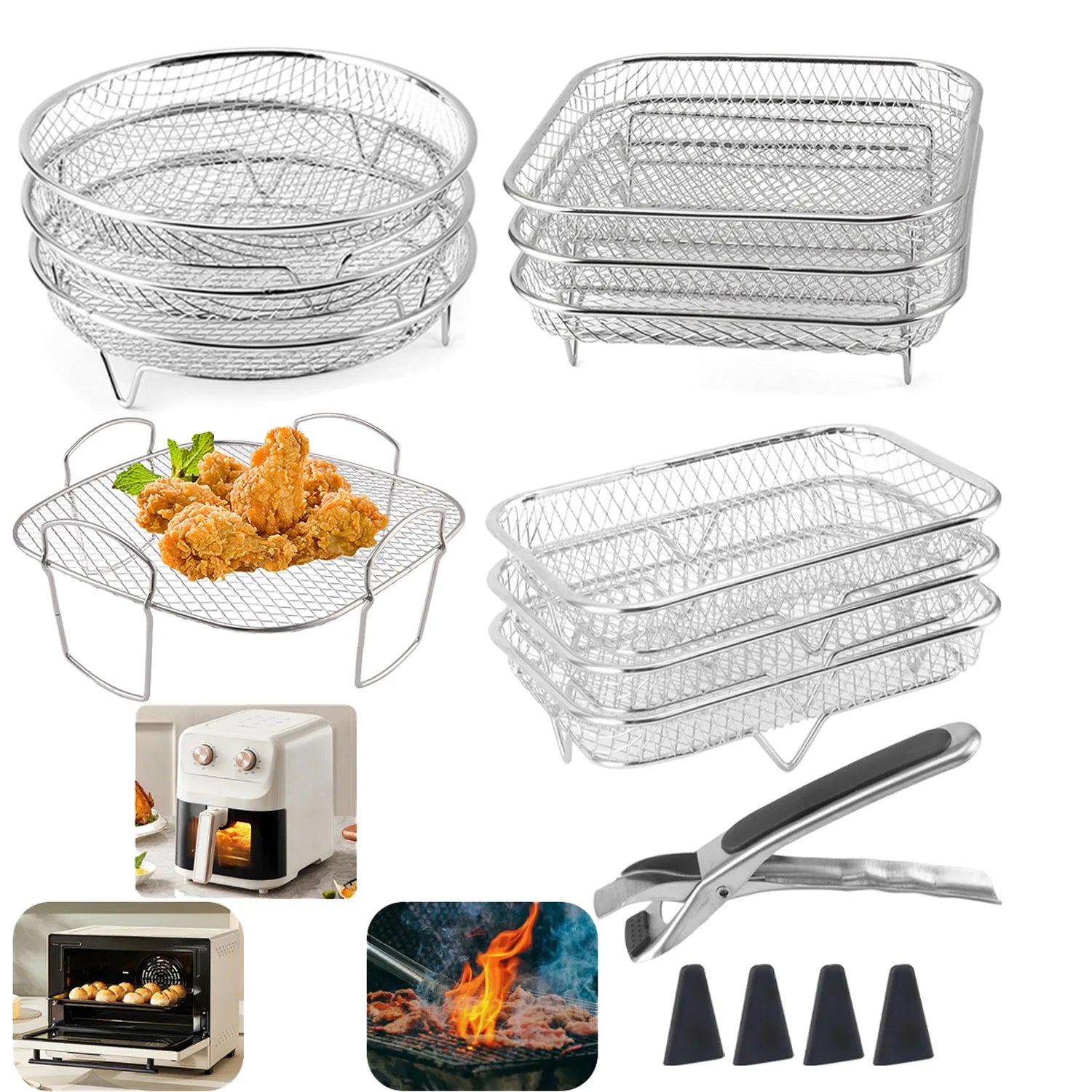 PLOVG Stackable Air Fryer Racks Set Stainless Steel Grilling Oven Steamer Cooker Home Kitchen Gadgets Round Square Rectangle