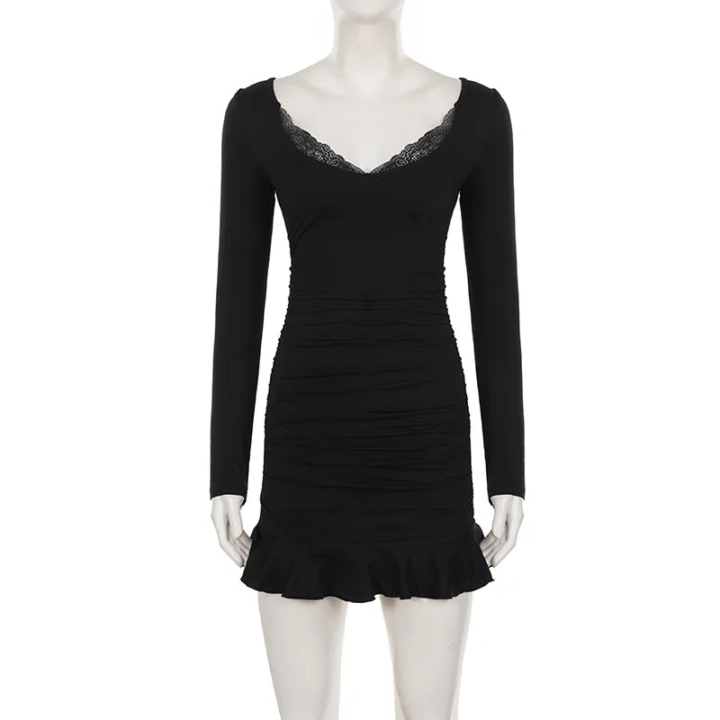 Fashionable Deep V-Neck Lace Panel Slim Fit Sexy Pleated Short Skirt Dress High Waist Milk Fiber Long Sleeve for Neutral Use