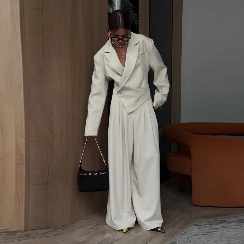 Elegant Irregular Women's Blazer Trouser Suits Single Button Lapel Full Sleeve Wide Leg Pants Lady Set 2026 2 Pieces Set Women