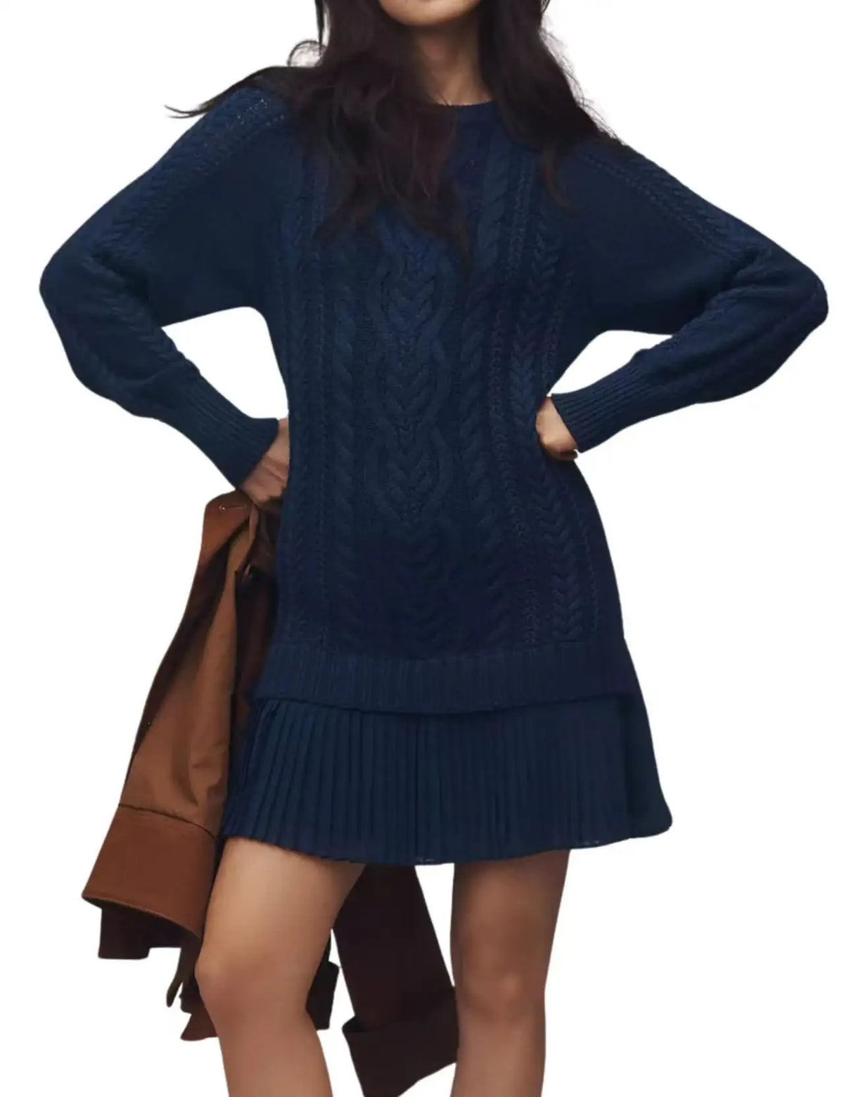 2025 Winter Long Sleeve Twist Knitted Sweater Dress Woman Ruffle Chiffon Pleated Dresses Fall Solid Warm A-Line Pullover Dress