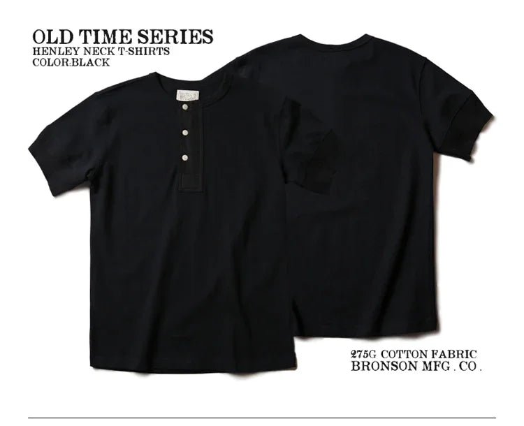 Bronson Vintage Short Sleeve Henley T-Shirt Retro Style Mens Cotton Tee Shirt