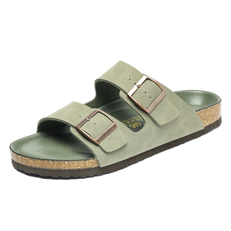 Summer Men Women Cork Slippers Clogs Microfiber Leather Slides Casual Slip On Sandal Double Buckle