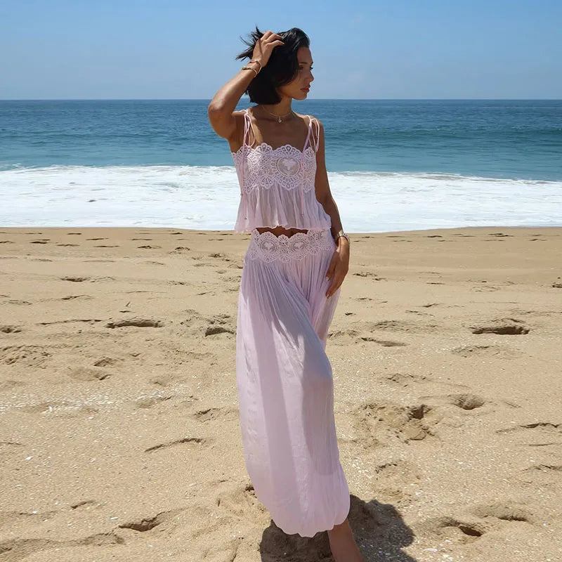Lace Women Two Piece Set Camisole Tank Top See Through Wide Leg Jogger Pants Stylish Two Piece Outfit Lace Trim Detail  Fashion