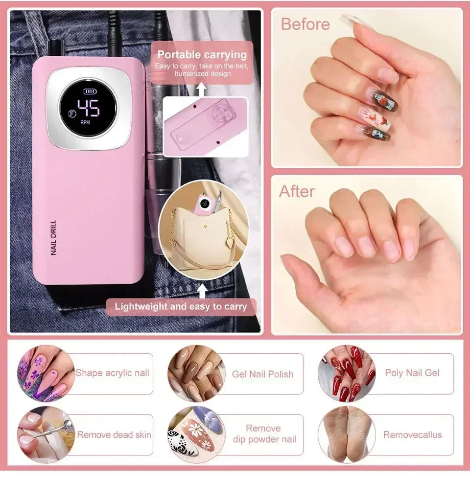 Original 45000RPM Professional Rechargeable Electric Nail Drill Machine Portable Cordless Nail File For Acrylic Gel Nails Remove