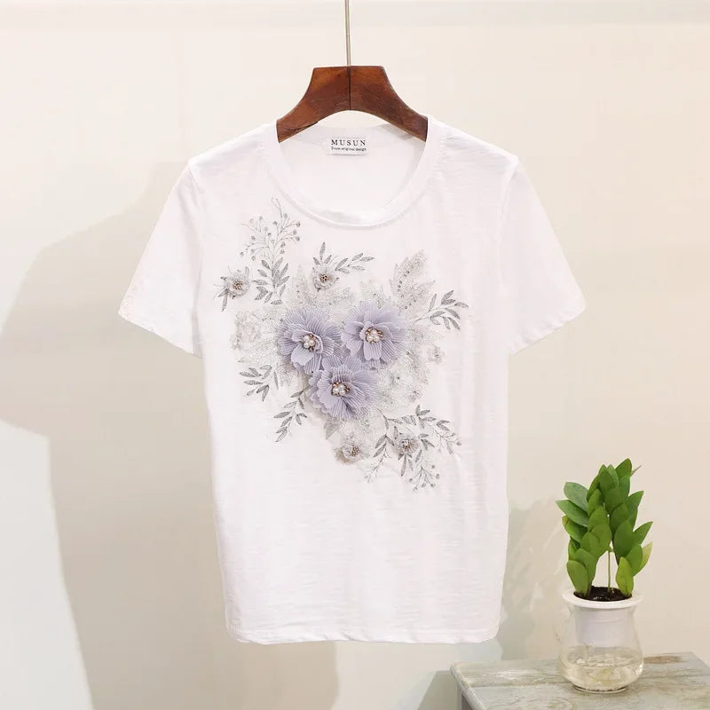 Two-Piece Suit 2025 Summer New Women Denim Pants Beading Embroidery Tshirt Tops+ High Waist Hole Jeans Female Casual Outfits