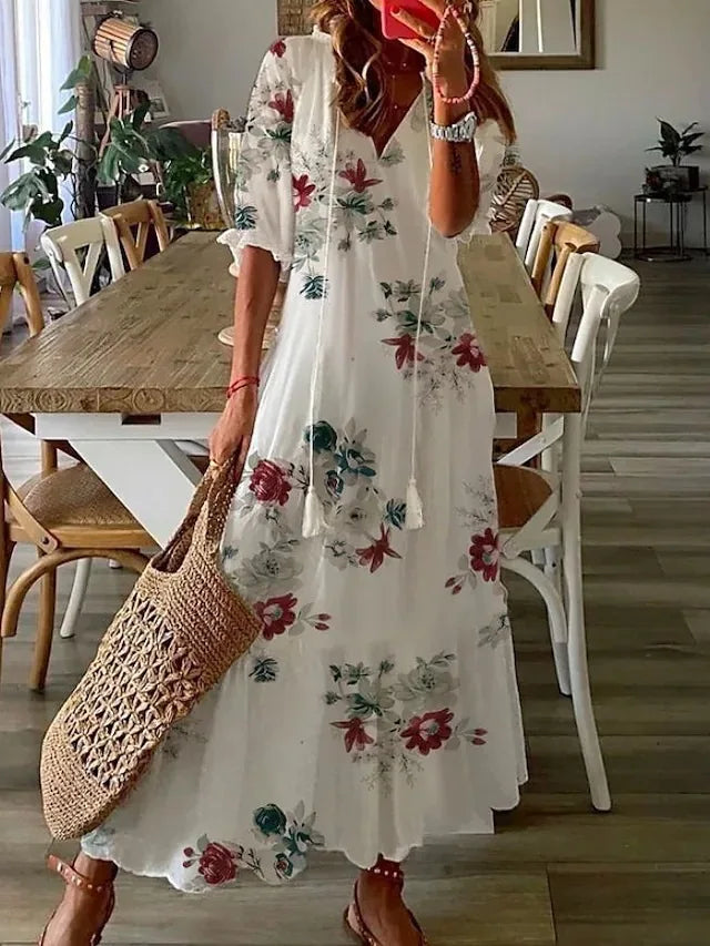 FALL Summer New 2026 Women's Casual Sweet Loose Sexy V-neck Drawstring Fashionable Printed Long Sleeved Boho Bohemian Dresses