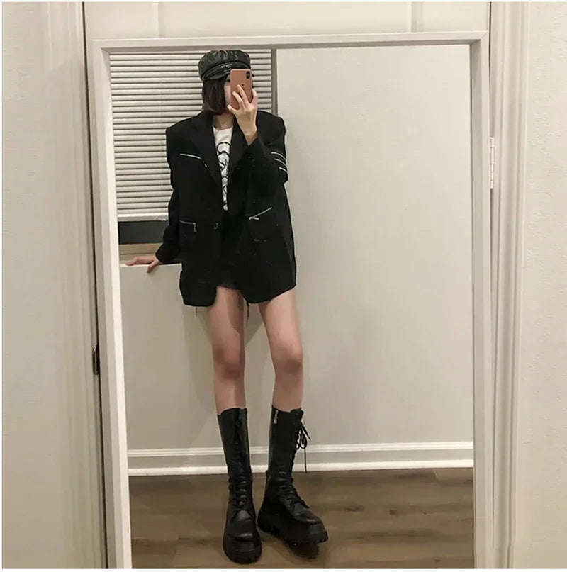 Chunky Women Motorcycle High Boots Fashion Lace Up Long Boots Platform Flats Autumn Winter Ladies Shoes