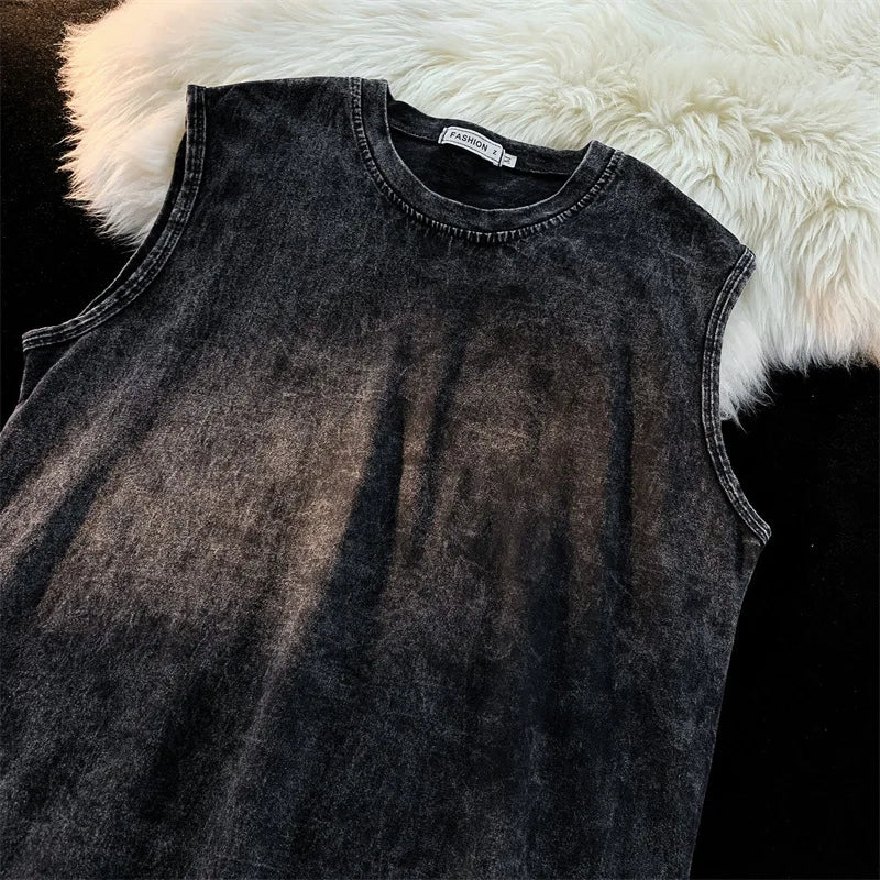 100% Cotton Men's Summer T Vintage Washed Vest Male Tops Round Neck Loose Oversized Large Size Casual Basic Streetwear Vest