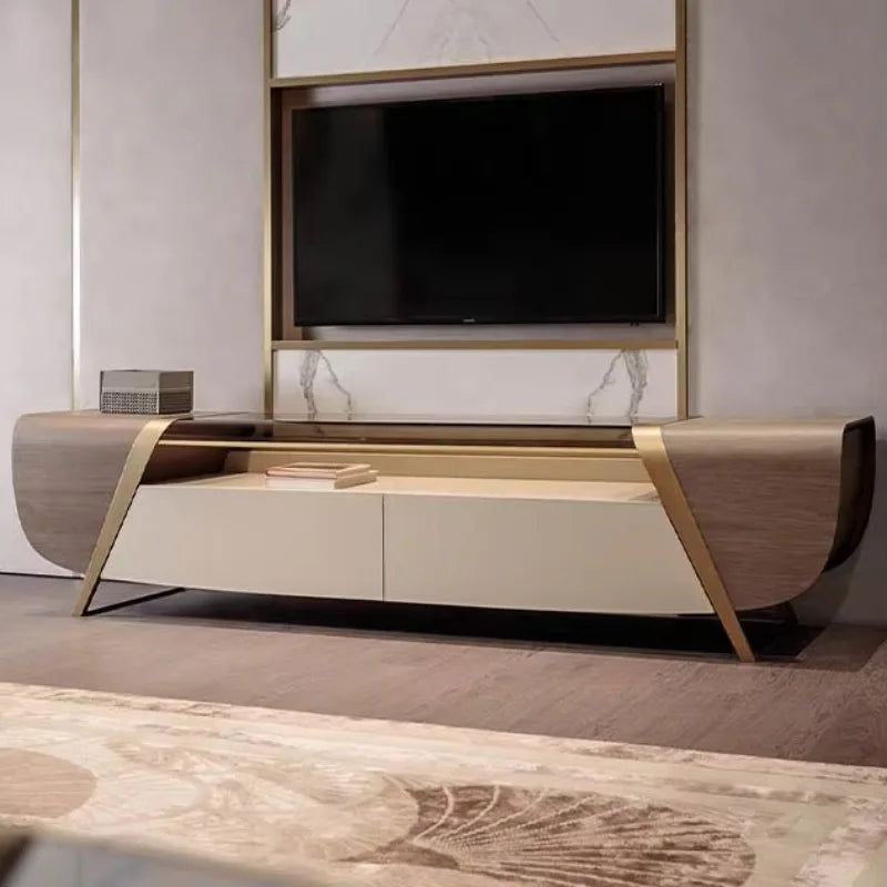 Stainless Steel TV Unit Living Room Furniture TV Stand, Wooden Marble Table Modern TV Cabinet