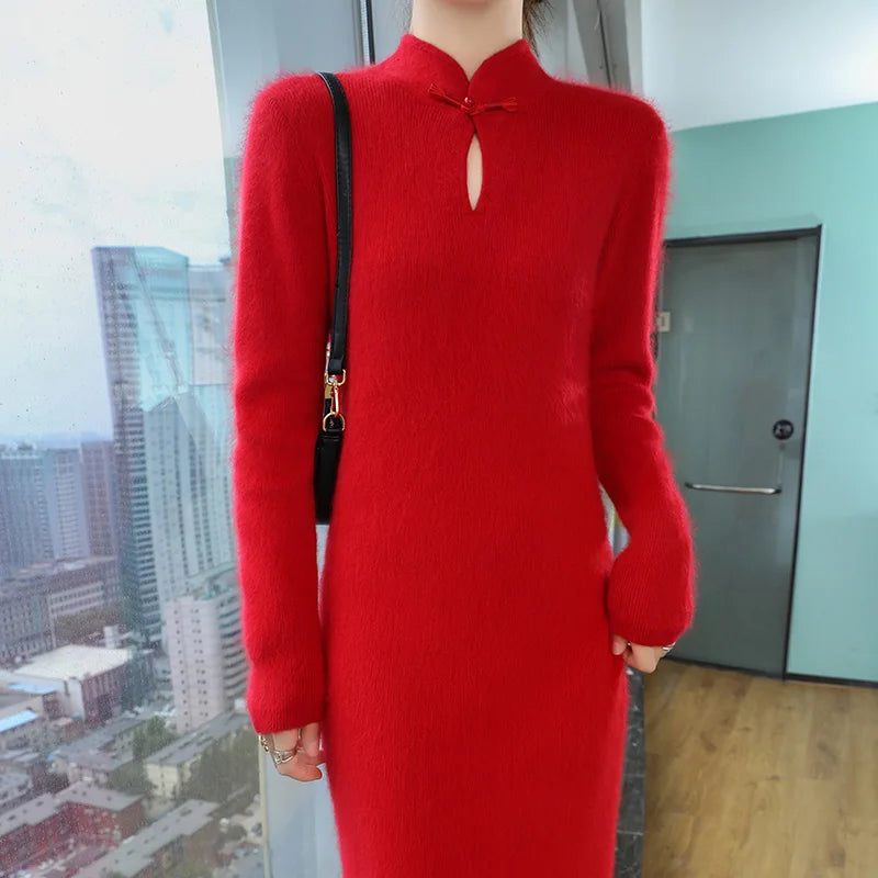 Women' 100%Pure Mink Cashmere Dress Stand-Up Collar Buckle Slim Knit Long Skirt Fashion High Waist Over The Knee Bottoming Dress