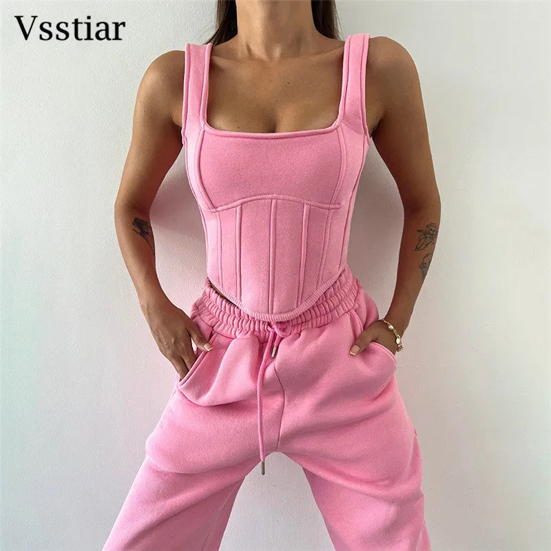 Vsstiar Women Three Piece Set Long Sleeve Hooded Crop Top Irregulary Tanks Pockets Pants Casual Tracksuit Fashion Female Clothes
