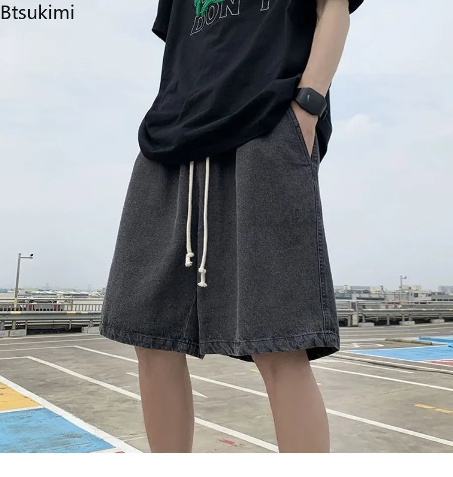 New Men's Fashion Vintage Jeans Summer Loose Casual Male Wide Leg Knee Length Shorts Washed Short Denim Pants Male Streetwear
