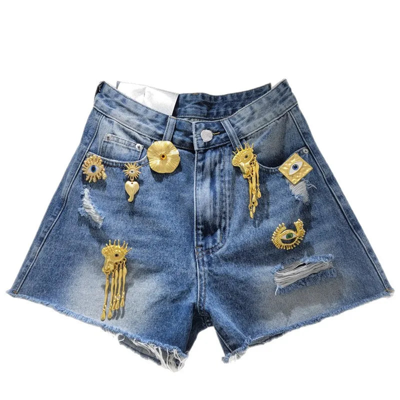 Women Denim Shorts Holes Spliced Print Jeans Pockets Solid Wide Leg Short Pant Tassels High Waist Trousers Casual Streetwear
