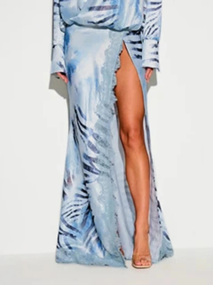 Fashion Printed Long Shirt Style Dress Women Full Sleeve Lapel Lace Patchwork High Split Dresses Female 2026 Autumn Lady Robe