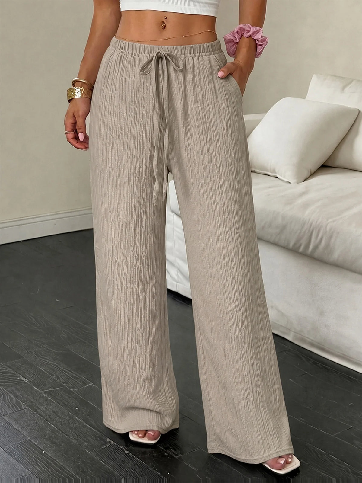Women Crinkle Textured Wide Leg Pants Elastic Waist Loose Casual Lounge Trousers Soft Yoga Beach Vacation Flowy Pants