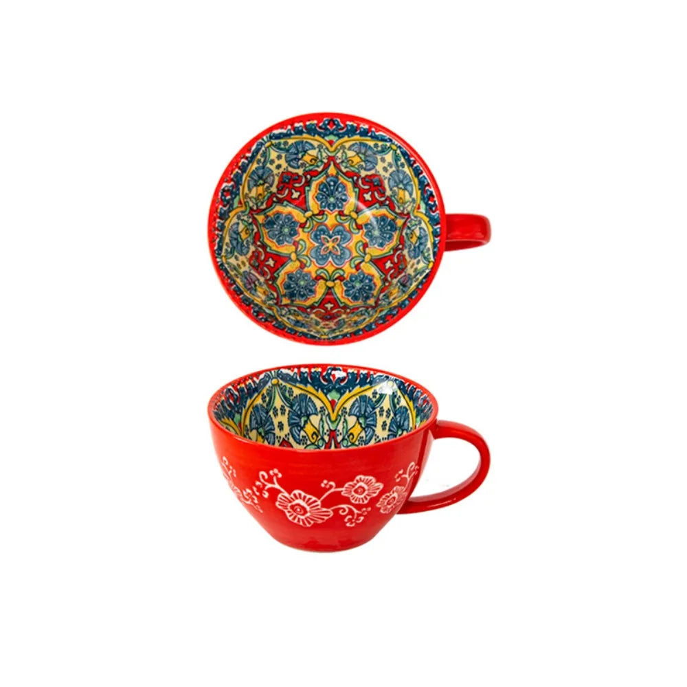 Creative Ceramic Bohemian Breakfast Cup Retro Flower Pattern Coffee Mug Microwaveable Large Capacity Milk Cup Friend Gift