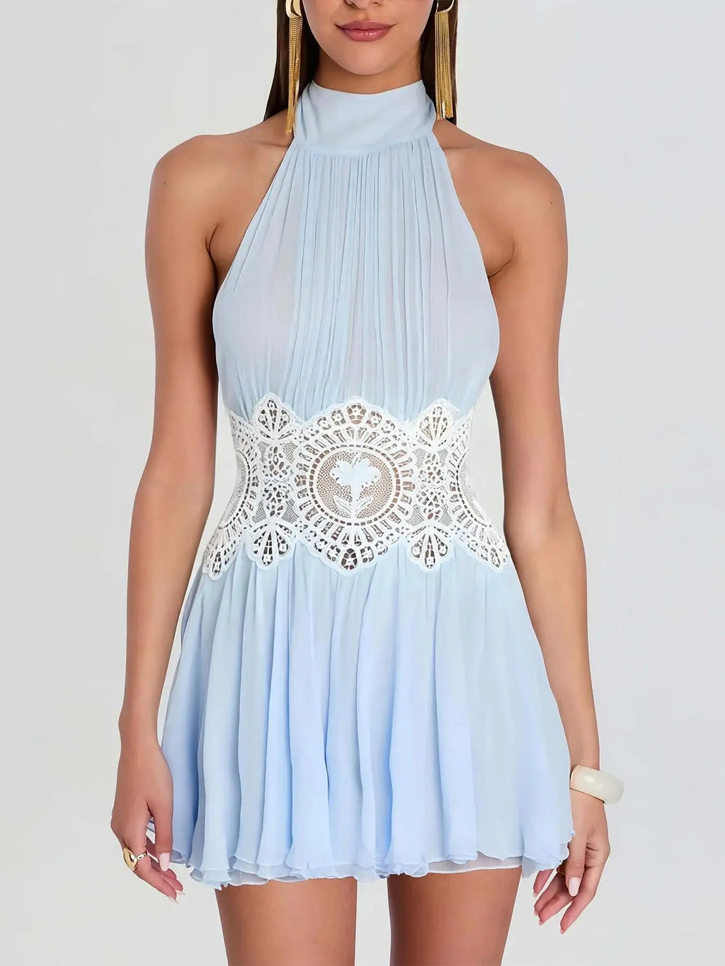 Halter Neck Ribbed Knit Lace Waist Cutout Back Skater Mini Dress Sleeveless Contrast Lace 2026 Summer Women  Party Mini Dress