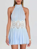 Halter Neck Ribbed Knit Lace Waist Cutout Back Skater Mini Dress Sleeveless Contrast Lace 2026 Summer Women  Party Mini Dress