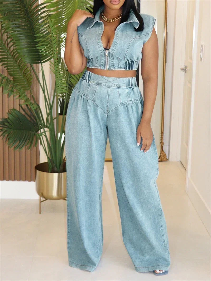 Streetwear Denim Sets Women 2 Piece Outfit 2025 Jeans Zipper Turn-down Collar Cropped Top and Loose Wide Leg Pants Matching Sets