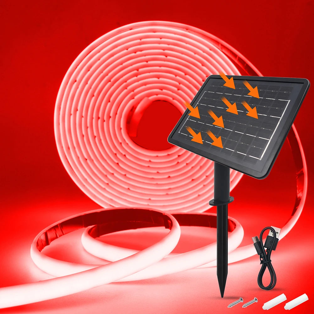 Solar Neon Light Strip 24V COB Waterproof IP68 Flexible LED Tape Red Green Blue Warm White 320LED/m High Density Linear Lighting