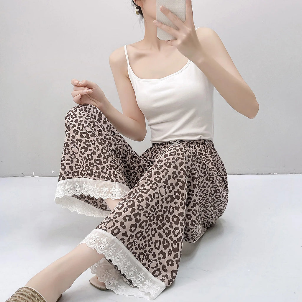 Women Viscose Casual Trousers With Lace Loose Pajamas Home Pants Thin Wide Leg Pants Fashion Oversized Sleep Bottom Korean Pants