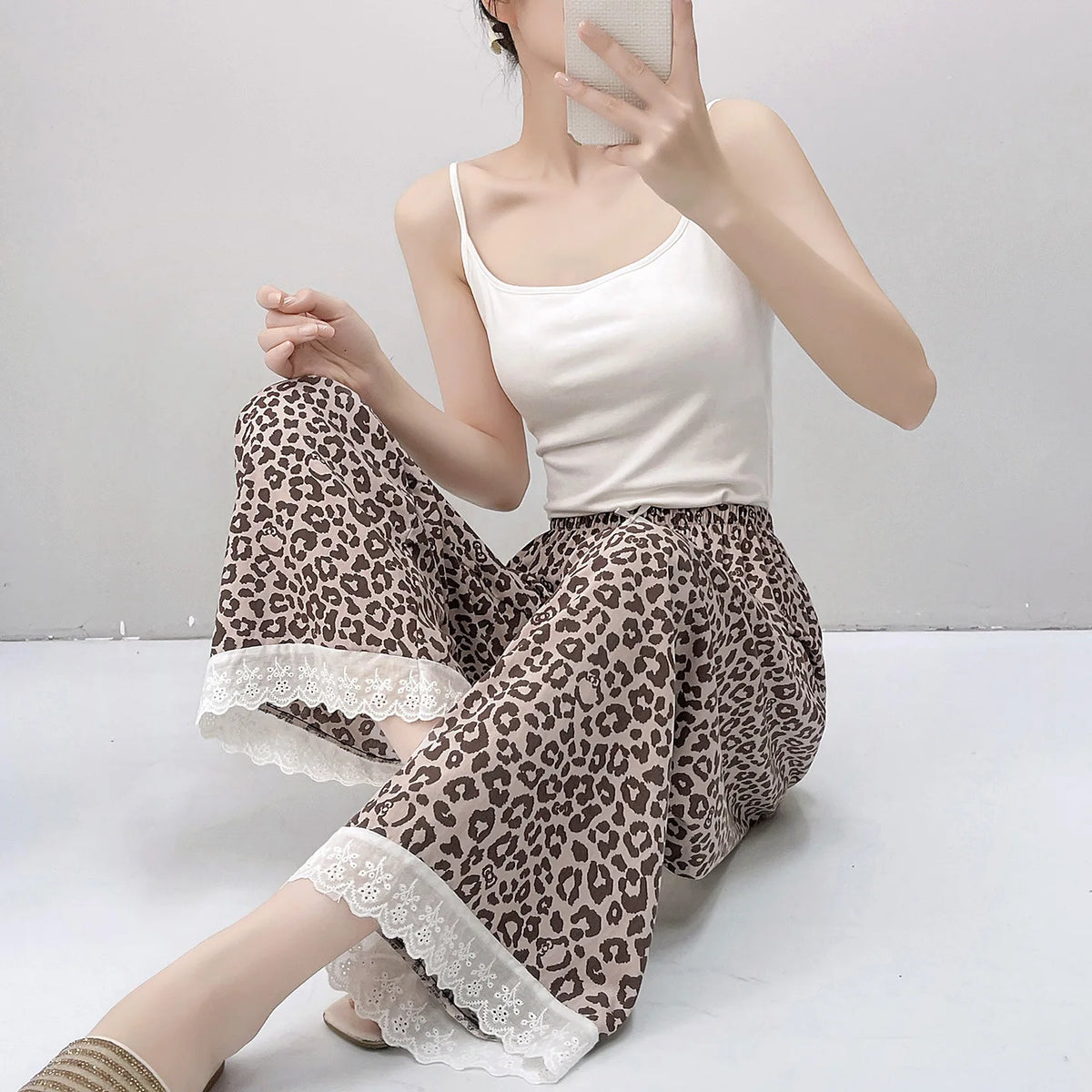 Women Viscose Casual Trousers With Lace Loose Pajamas Home Pants Thin Wide Leg Pants Fashion Oversized Sleep Bottom Korean Pants
