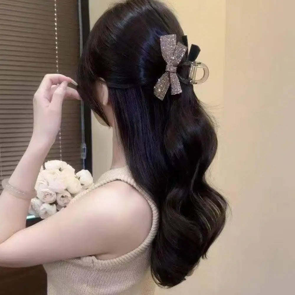 New Bow Hair Clip Simple Elegant Romantic Full Diamond Bow 8CM High Ponytail Shark Clip Hair Accessories Diamond Bow Headwear