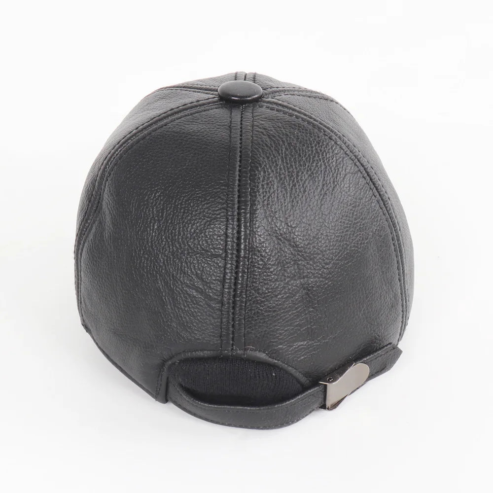 New Men Casual Real Leather Earflap Cap Men Real Cowhide Leather Caps Male Fall Winter Genuine Real Cow Leather Baseball Hats