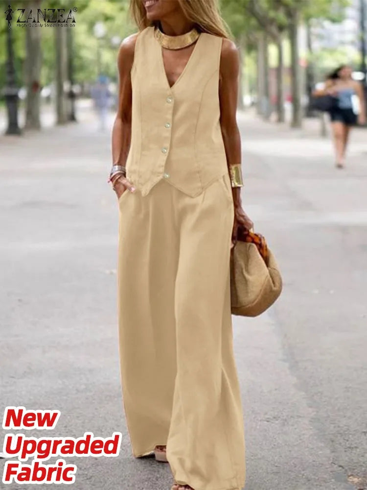 ZANZEA 2026 Women's Two-Piece Sets Wide Leg Pants & Vest Tops Summer Elegant Casual Pant Suits Outfits Office Work Plus Size 5XL
