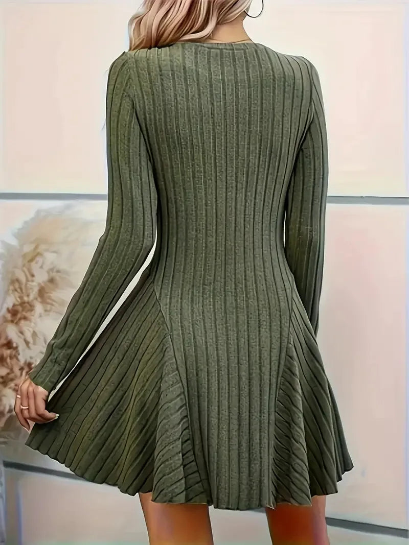 Women's V-Neck Knit Dress - Long Sleeve Swing Mini Dress, Elegant Bodycon Short Dress