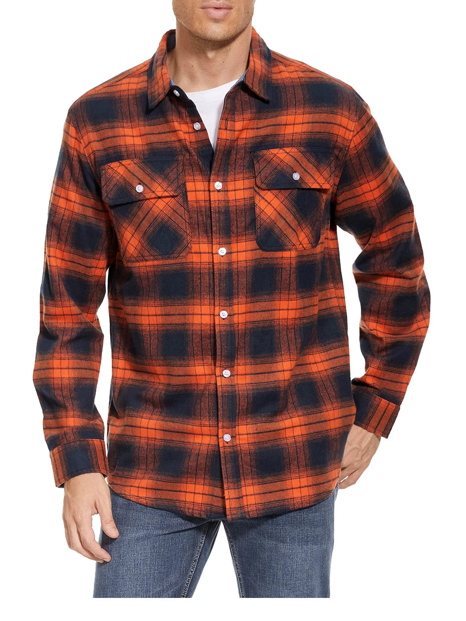 MAGCOMSEN Autumn Windproof Men's Flannel Shirt Warm Long Sleeve Casual Plaid Shirts with Two Chest Pockets