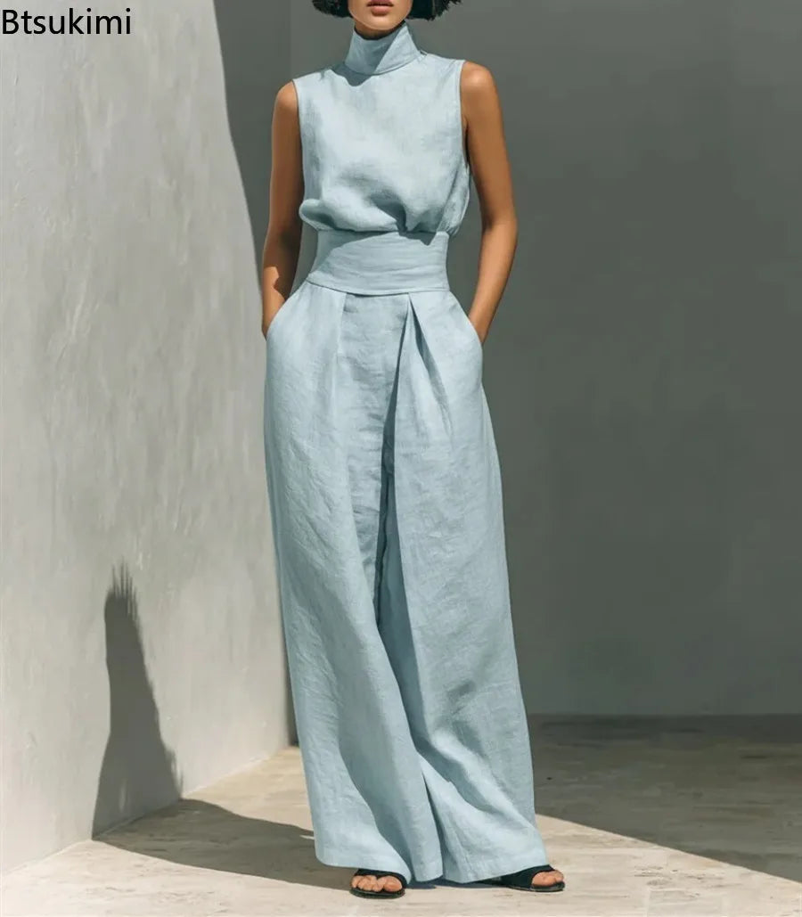 New Women's Solid Color 2 Piece Sets Sleeveless High Neck Tops+High Waist Wide Leg Pants Casual Minimalist Female Summer Outfits