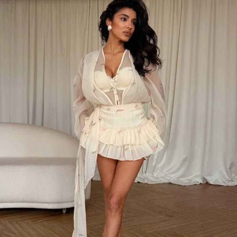 Elegant Printed Women's Dress Long Sleeve V-Neck Ruffle Waist-Closed Lady Mini Dresses 2026 Summer Female Vacation Robe New