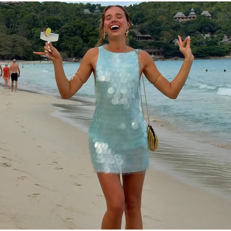 Fashion Sequin Mini Dress Women Sexy O-neck Sleeveless Backless Waist-cinching Slim Dresses 2026 Summer Lady Vacation Robe