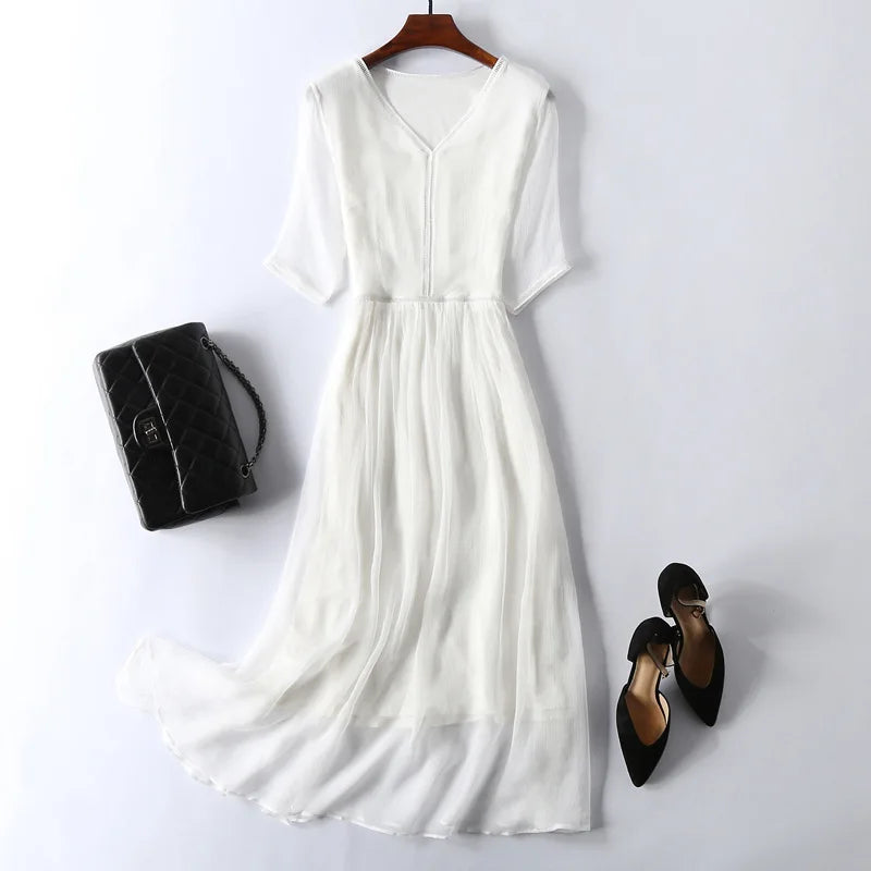 KMETRAM 100% Natural Mulberry Silk Dresses 2025 Woman Summer Elegant V-neck Long Dress Party Frocks Women Clothing Vestidos