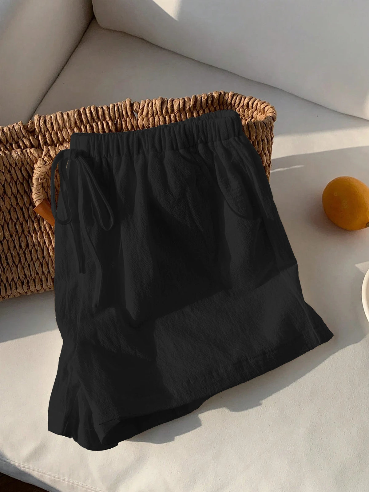 Ladies New Spring Summer Linen Solid Color Casual Sports Elastic Waist Drawstring Short Pants