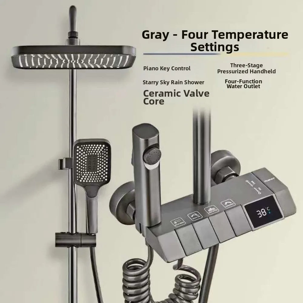 Grey Shower System Intelligent High Pressure Digital Shower Faucet Set Piano Button Temperature Display Rainfall Shower Set