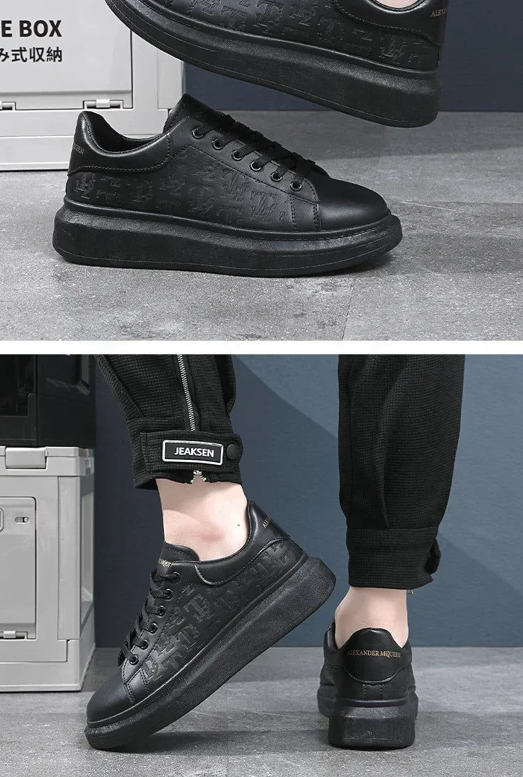 2026 Men's Casual Shoes Spring and Autumn Flat-soled Casual Leather Shoes Sports Shoes Black and White Men's Thick-soled Shoes