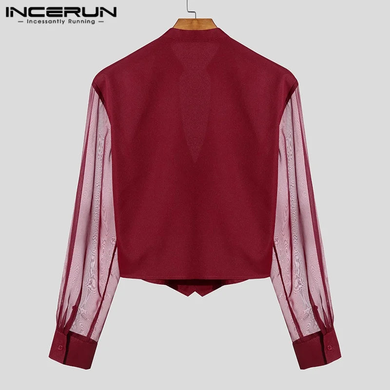 Men Shirt Mesh Patchwork V Neck Long Sleeve Casual Male Shirts Streetwear Transparent Sexy Fashion Party Camisas 2025 INCERUN
