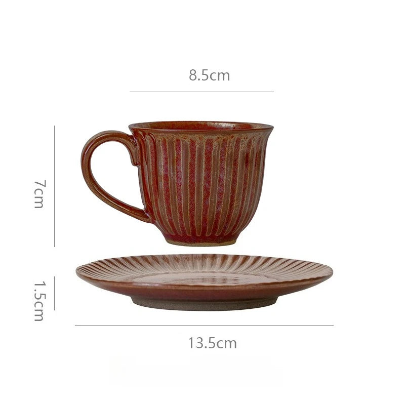 A Set of Cups and Plates Coffee Cup Retro Style Ceramic Striped Office Afternoon Tea Coarse Pottery Drinking Water Milk Cup