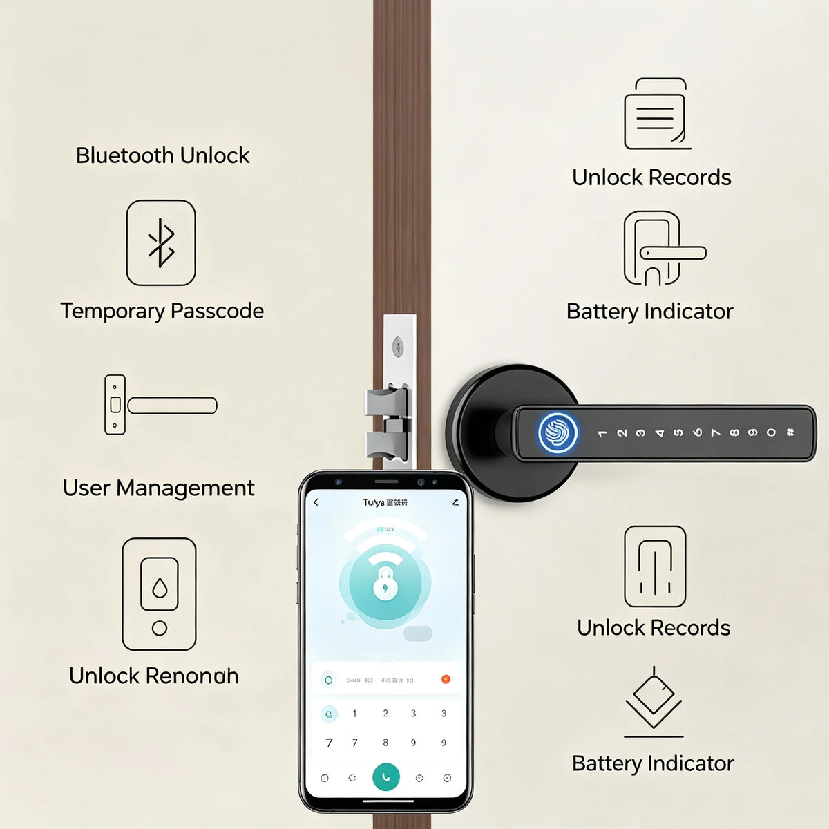 HTMCKM5 Smart Fingerprint Door Lock - Digital Electronic Lock with Password Key IC Card Tuya BLE Smartlife APP Unlock