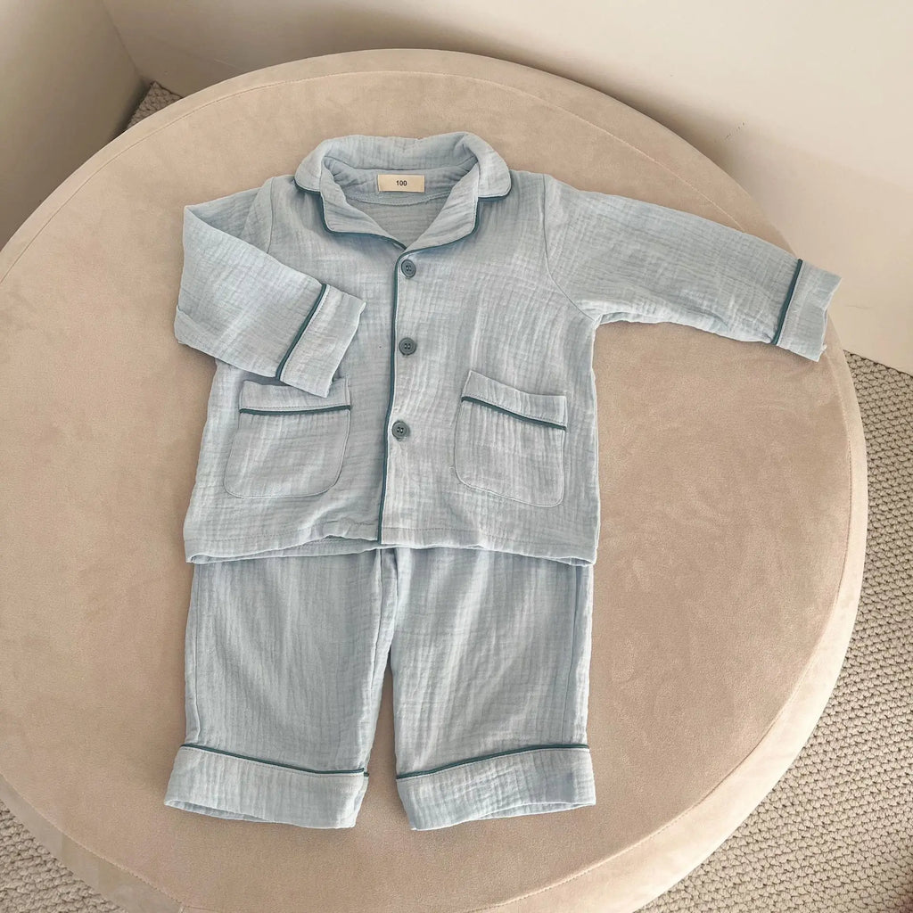 2026 New Children's Cotton Pajamas Set Soft Loose Boys Girls Clothing Turn-down Collar Button Shirt Trousers 2 Pcs Suit Pijamas