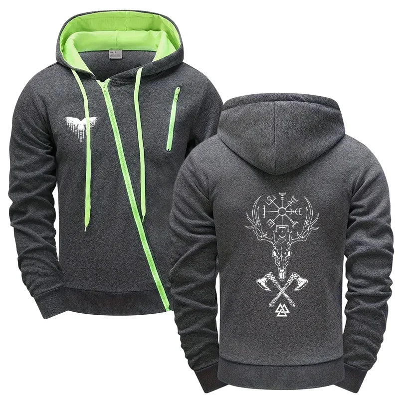 Mens Casual Riding Set 2025 Diagonal Zipper Hoodie with Joggers Urban Streetwear Tracksuit Autumn Winter
