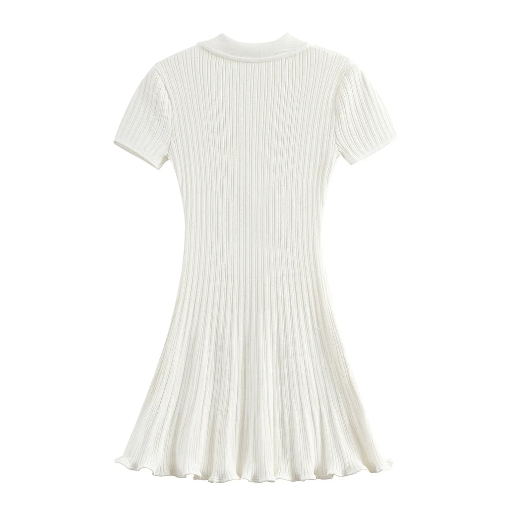 Brand Designer Polo Knitted Dress Women Summer Short Sleeve Single Breasted Flower Button Knitting Sweater Mini Dresses
