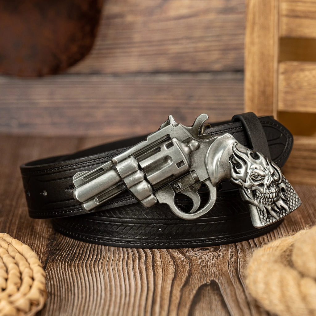The ghost head element pistol craftsmanship large buckle striped PU embossed button personalized casual men's belt