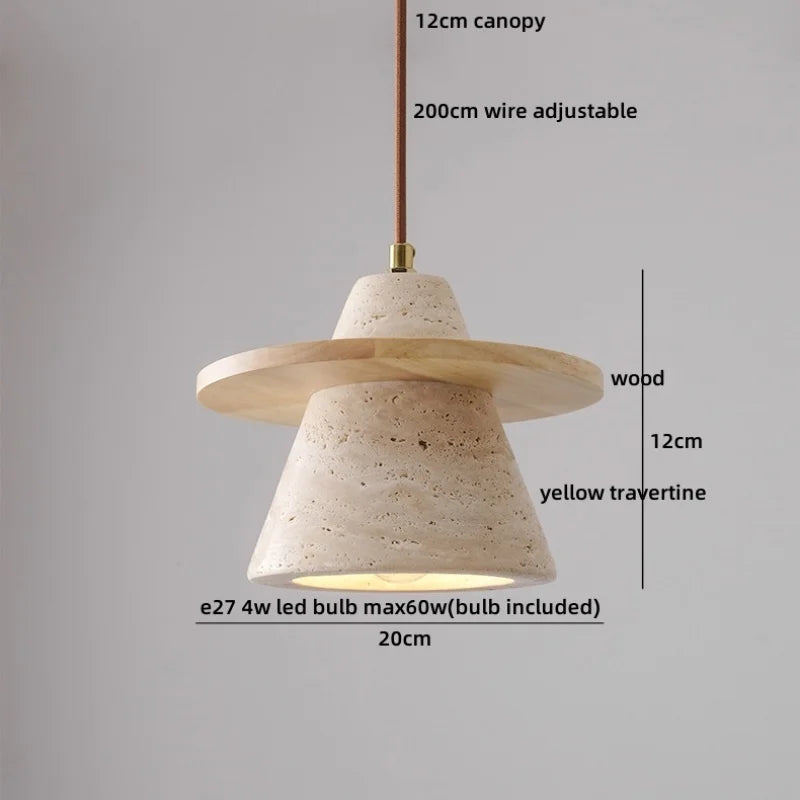 IWHD Yellow Travertine Stone LED Pendant Lamp Living Dining Room Table Inside Retro Wood Hanging Lights Fixture Lampara Colgante