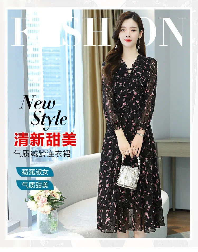 Woman Dress Summer Autumn New Long Sleeve Small Floral Chiffon Dress Dress Vestido De Mujer