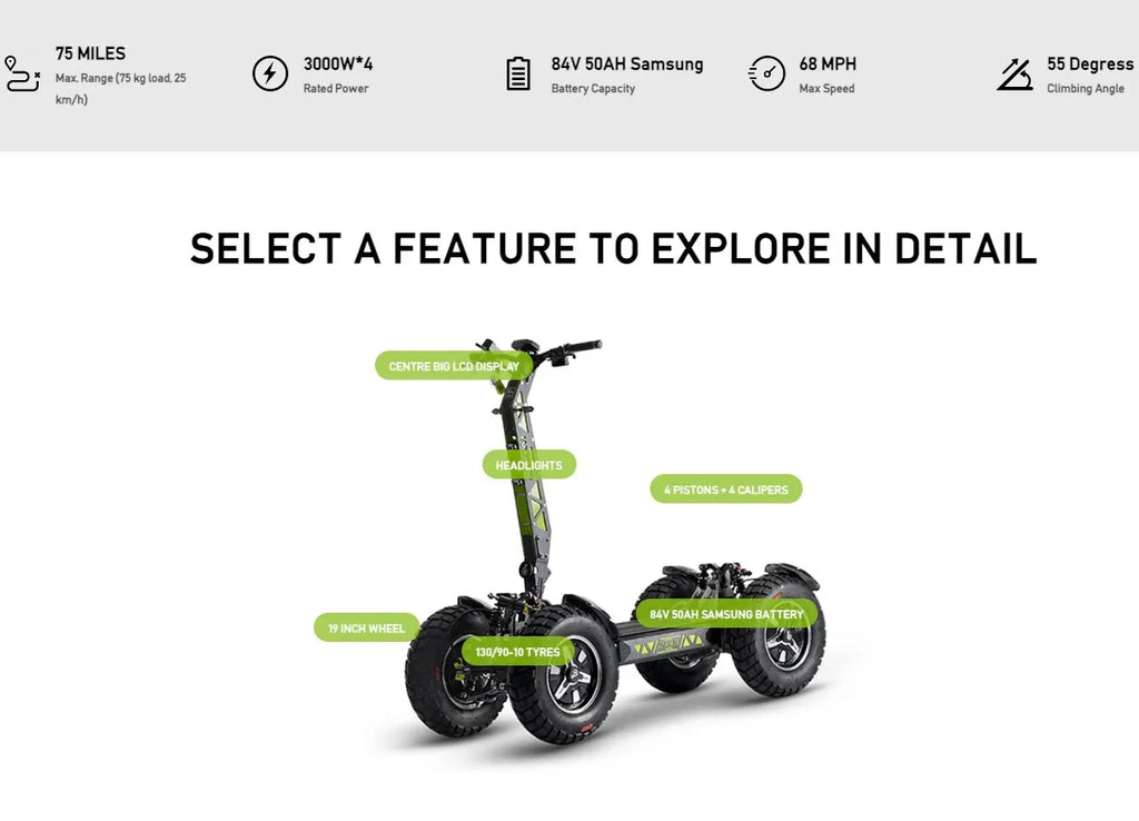 GT4S 84V 50A 4 Motor Electric Scooter 19 Inch Scooter Off-road