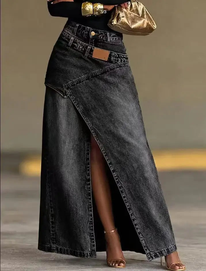 Washed Denim Maxi Skirt High Waist Asymmetric Front Slit Long Jean Skirt Irregular Patch Women Casual Split Denim Long Skirt